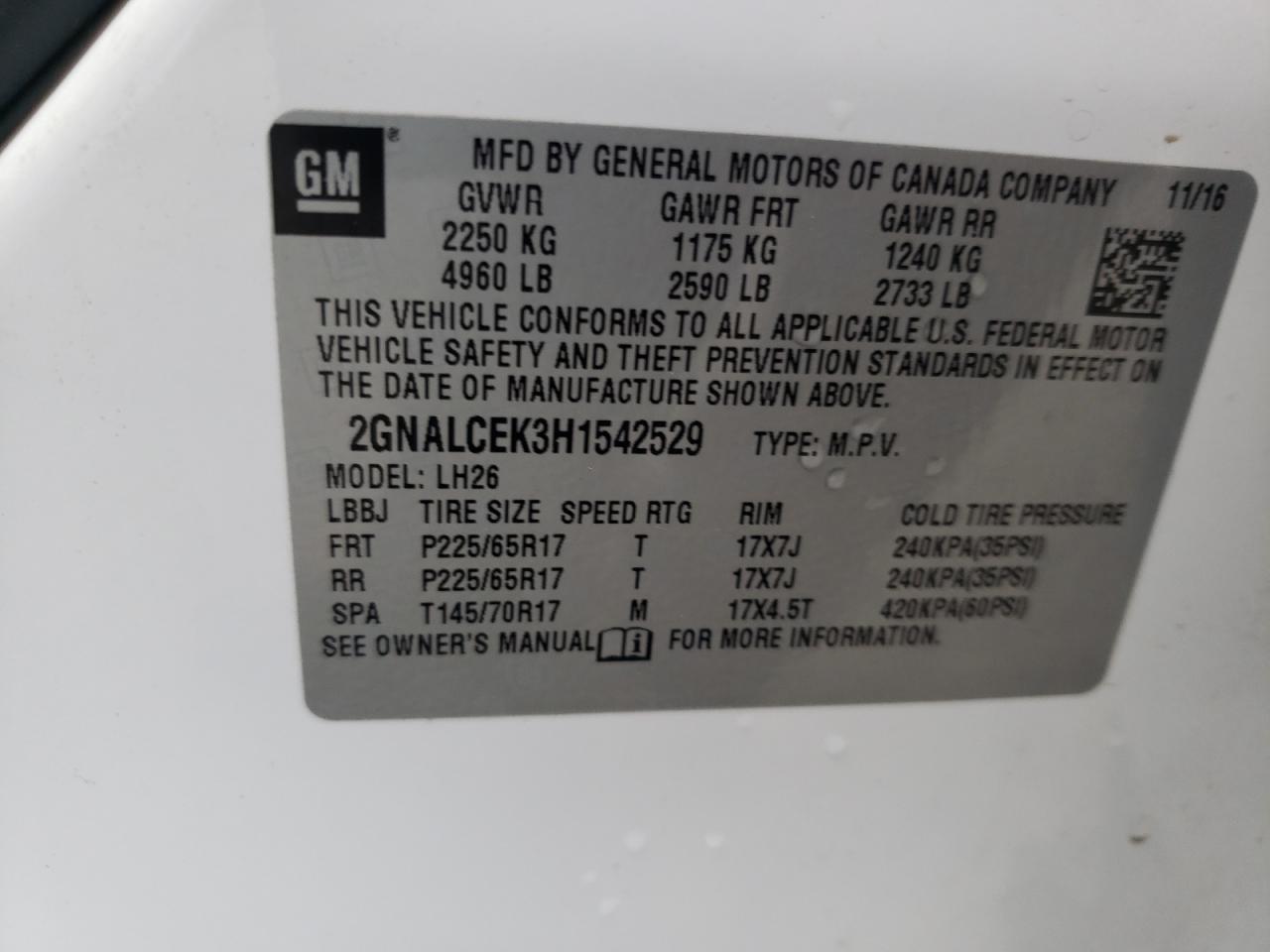 Photo 10 from auction – 2017 CHEVROLET EQUINOX LT with VIN 2GNALCEK3H1542529