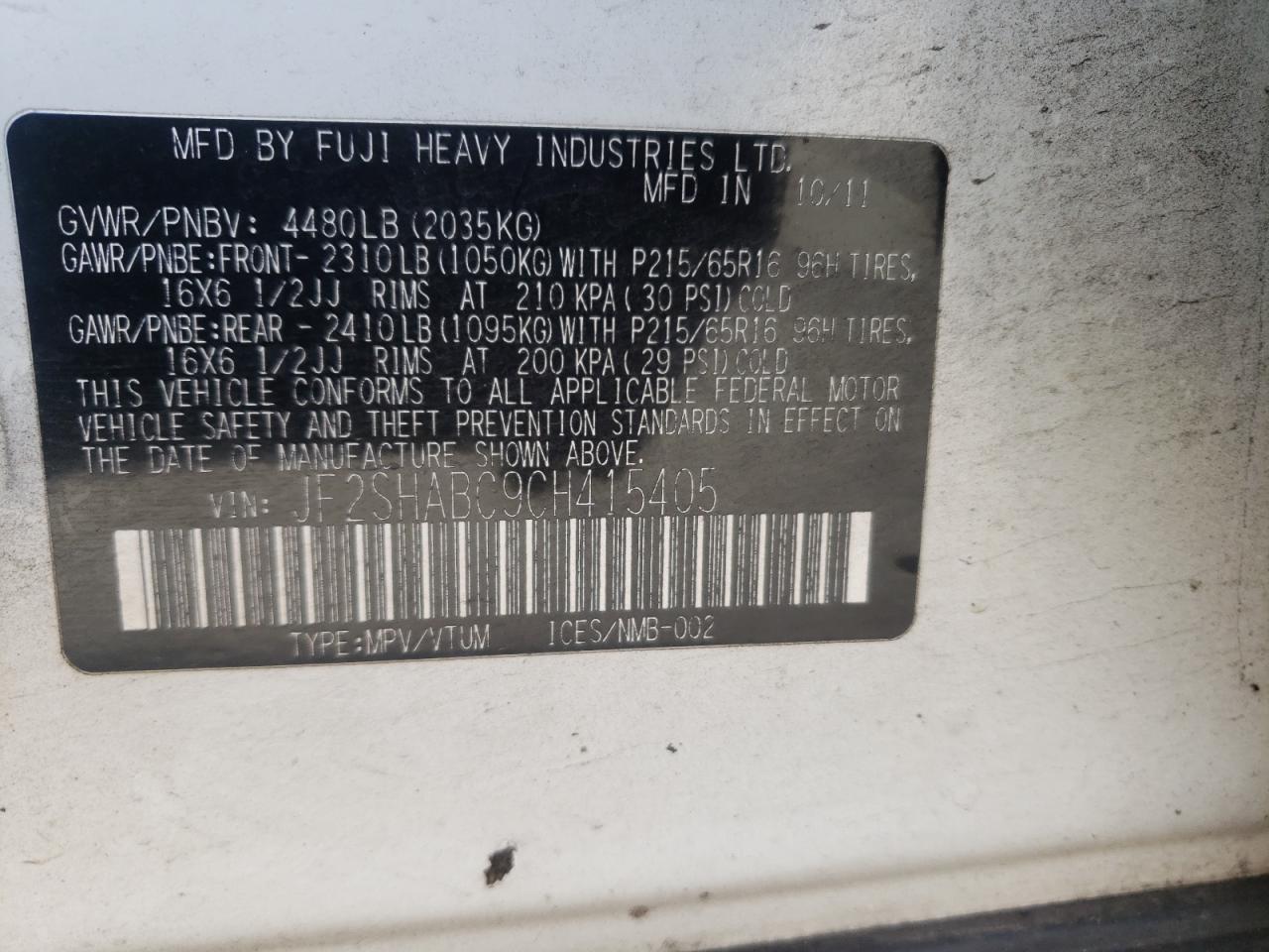 Photo 10 from auction – 2012 SUBARU FORESTER 2 with VIN JF2SHABC9CH415405
