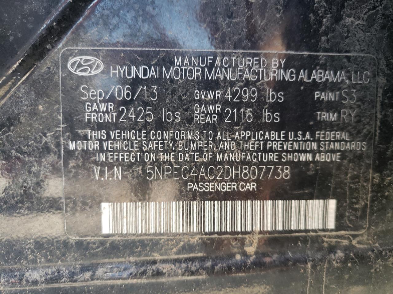 Photo 10 from auction – 2013 HYUNDAI SONATA SE with VIN 5NPEC4AC2DH807738
