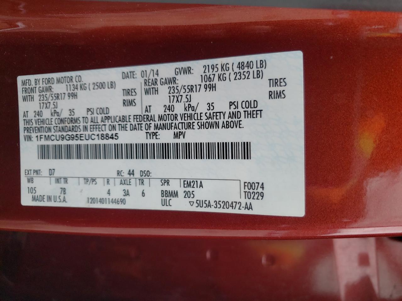 Zdjęcie 10 z aukcji – 2014 FORD ESCAPE SE z VIN 1FMCU9G95EUC18845