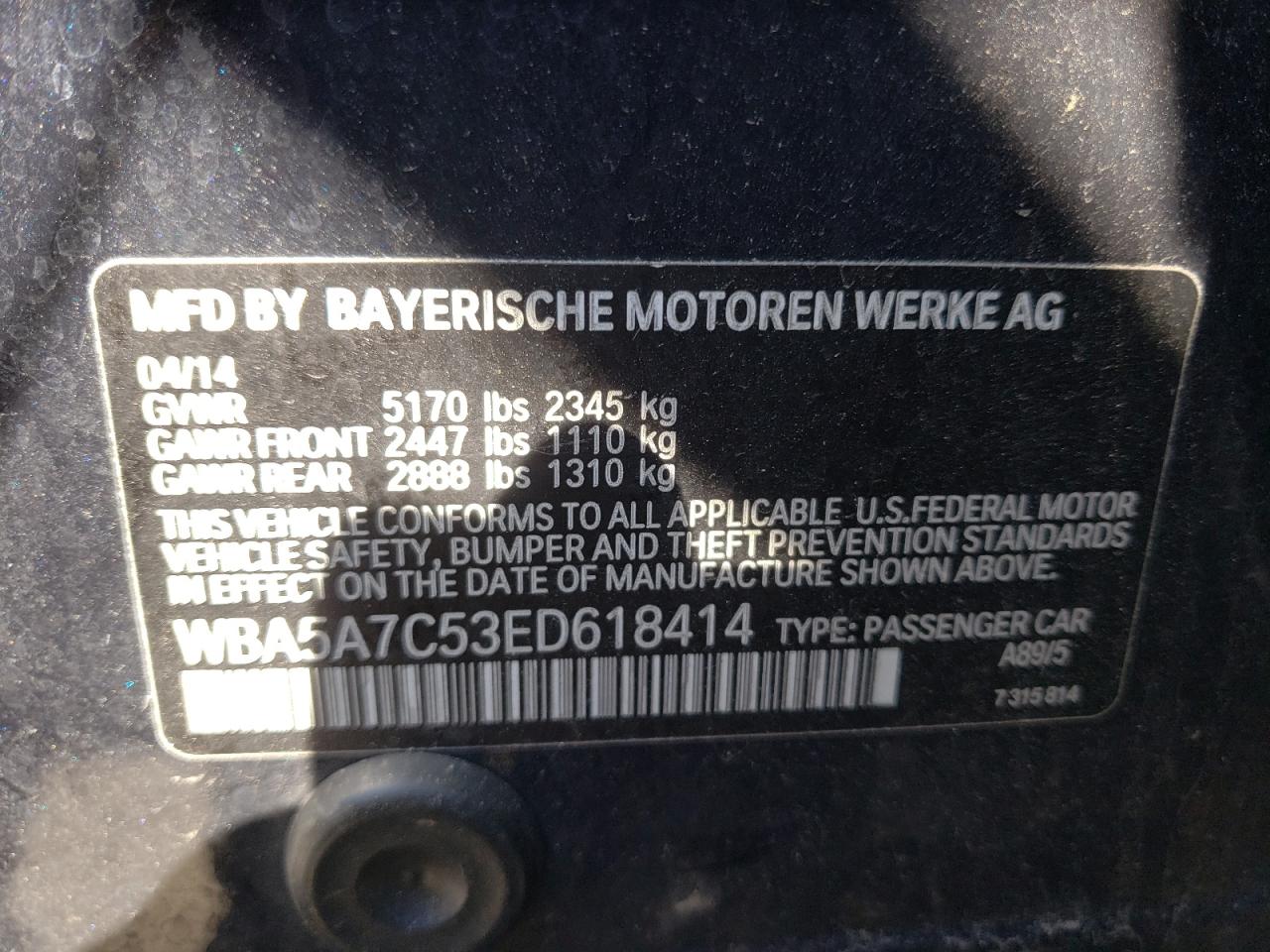 Photo 10 from auction – 2014 BMW 528 XI with VIN WBA5A7C53ED618414