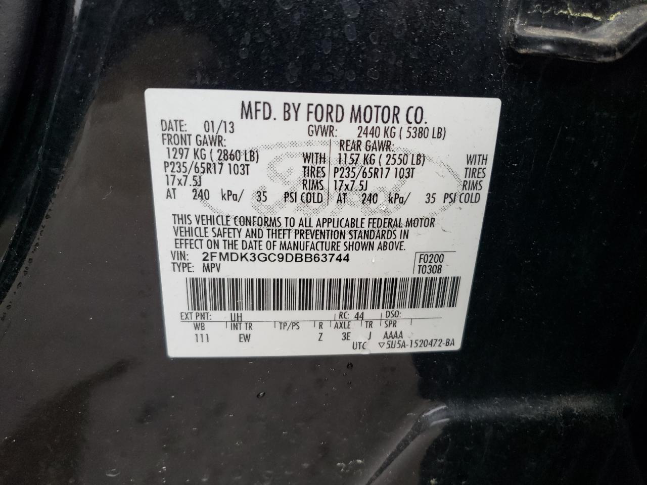 Photo 10 from auction – 2013 FORD EDGE SE with VIN 2FMDK3GC9DBB63744