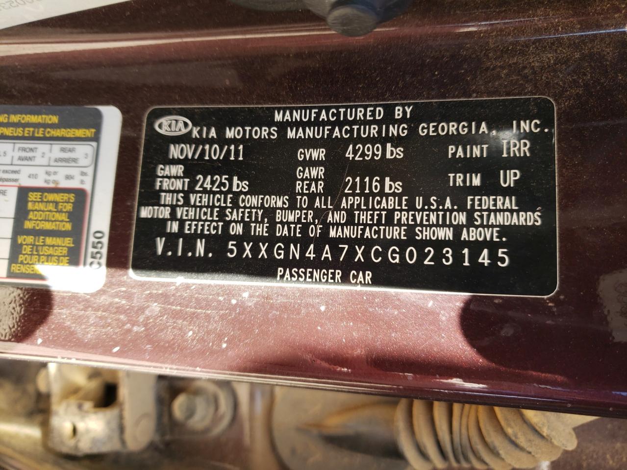 Photo 10 from auction – 2012 KIA OPTIMA EX with VIN 5XXGN4A7XCG023145