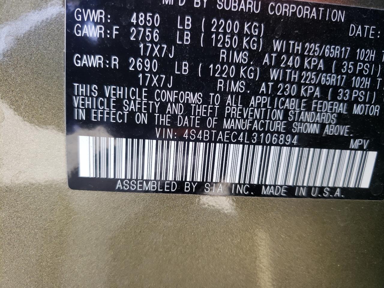 Photo 10 from auction – 2020 SUBARU OUTBACK PR with VIN 4S4BTAEC4L3106894