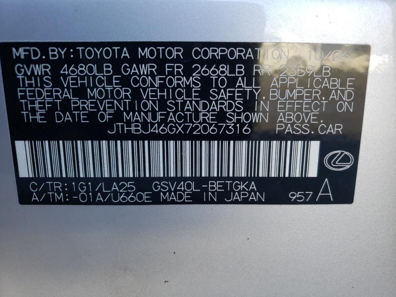 Photo 10 from auction – 2007 LEXUS ES 350 with VIN JTHBJ46GX72067316