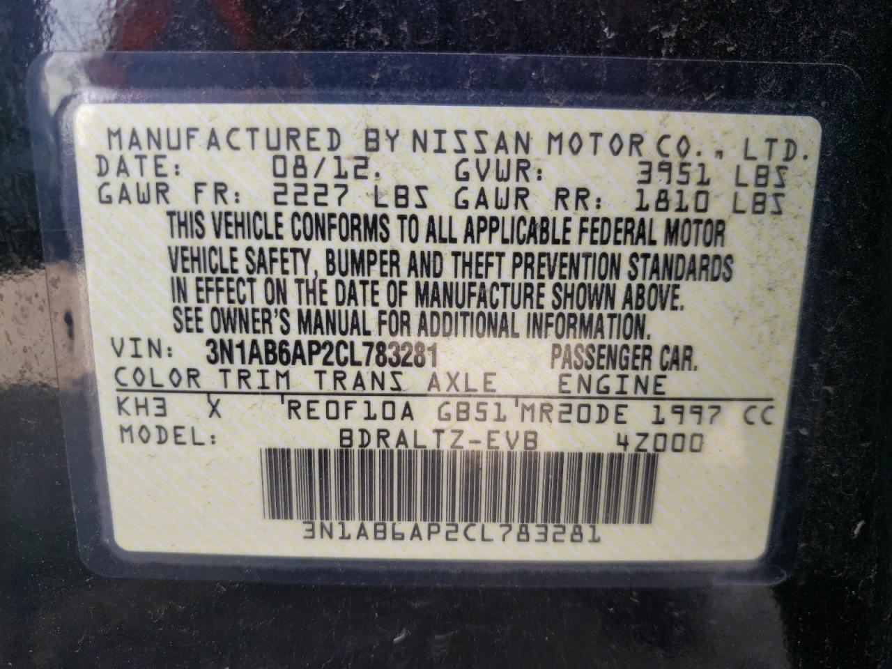 Photo 10 from auction – 2012 NISSAN SENTRA 2.0 with VIN 3N1AB6AP2CL783281