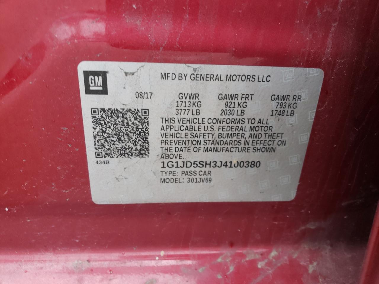 Photo 10 from auction – 2018 CHEVROLET SONIC LT with VIN 1G1JD5SH3J4100380