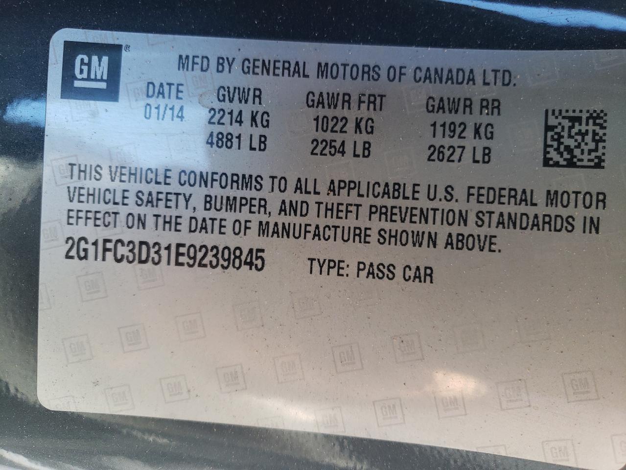 Photo 10 from auction – 2014 CHEVROLET CAMARO LT with VIN 2G1FC3D31E9239845
