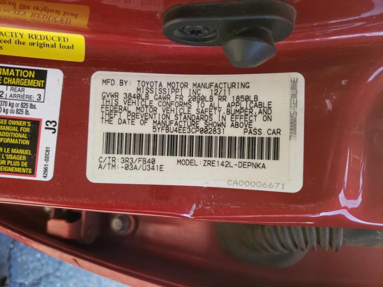 Photo 10 from auction – 2012 TOYOTA COROLLA BA with VIN 5YFBU4EE3CP002831