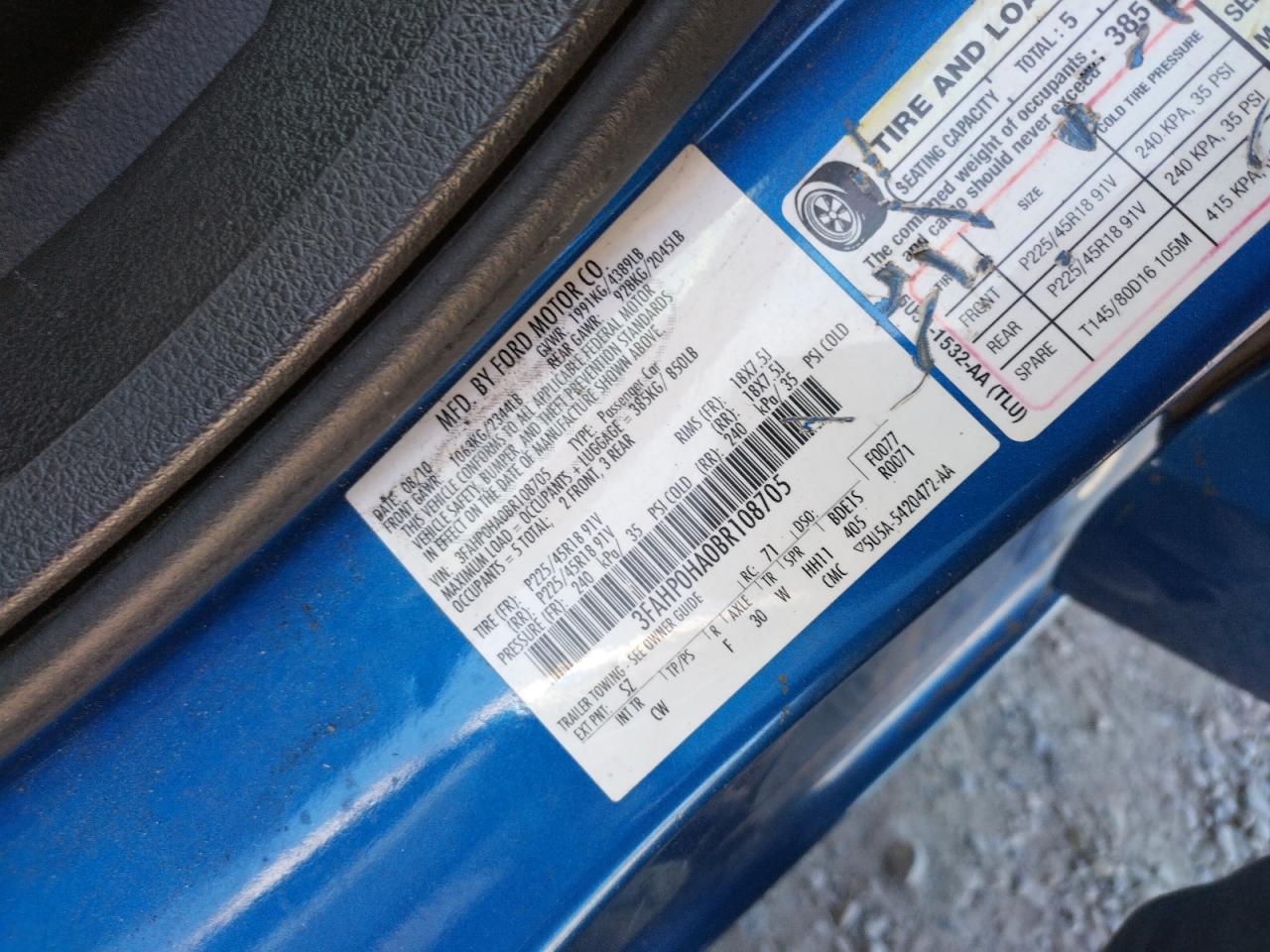 Photo 10 from auction – 2011 FORD FUSION SE with VIN 3FAHP0HA0BR108705