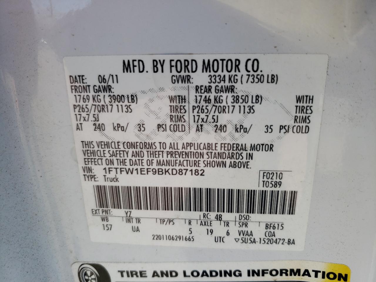 Photo 10 from auction – 2011 FORD F150 SUPER with VIN 1FTFW1EF9BKD87182