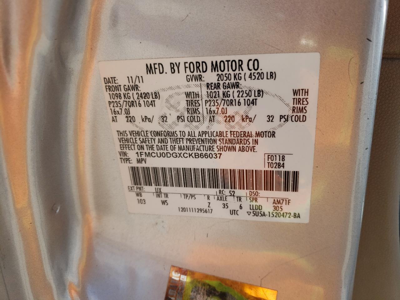 Photo 10 from auction – 2012 FORD ESCAPE XLT with VIN 1FMCU0DGXCKB66037