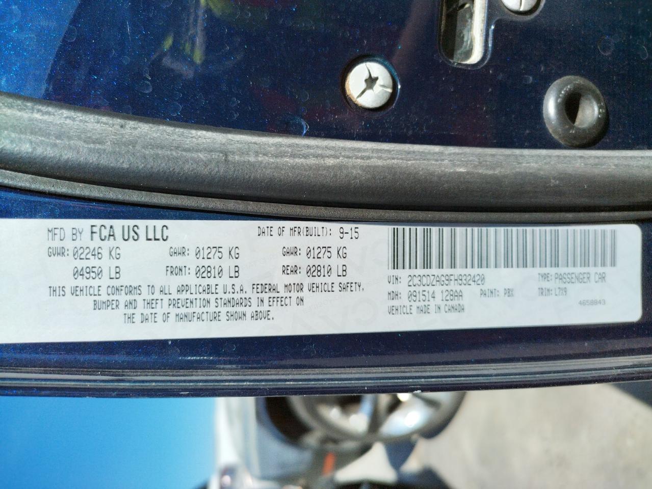 Photo 10 from auction – 2015 DODGE CHALLENGER with VIN 2C3CDZAG9FH932420