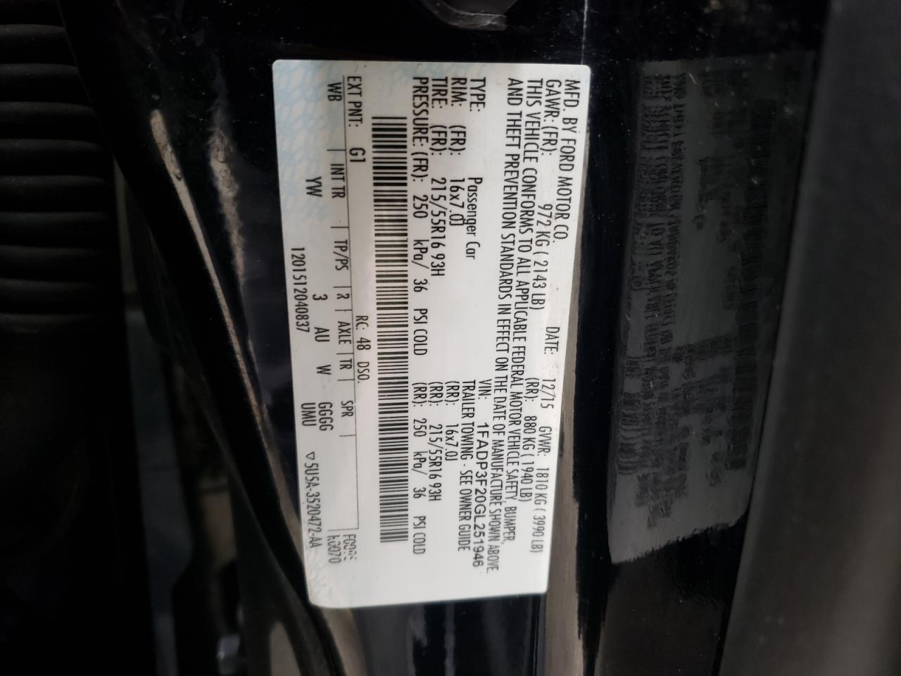 Photo 10 from auction – 2016 FORD FOCUS SE with VIN 1FADP3F20GL251946