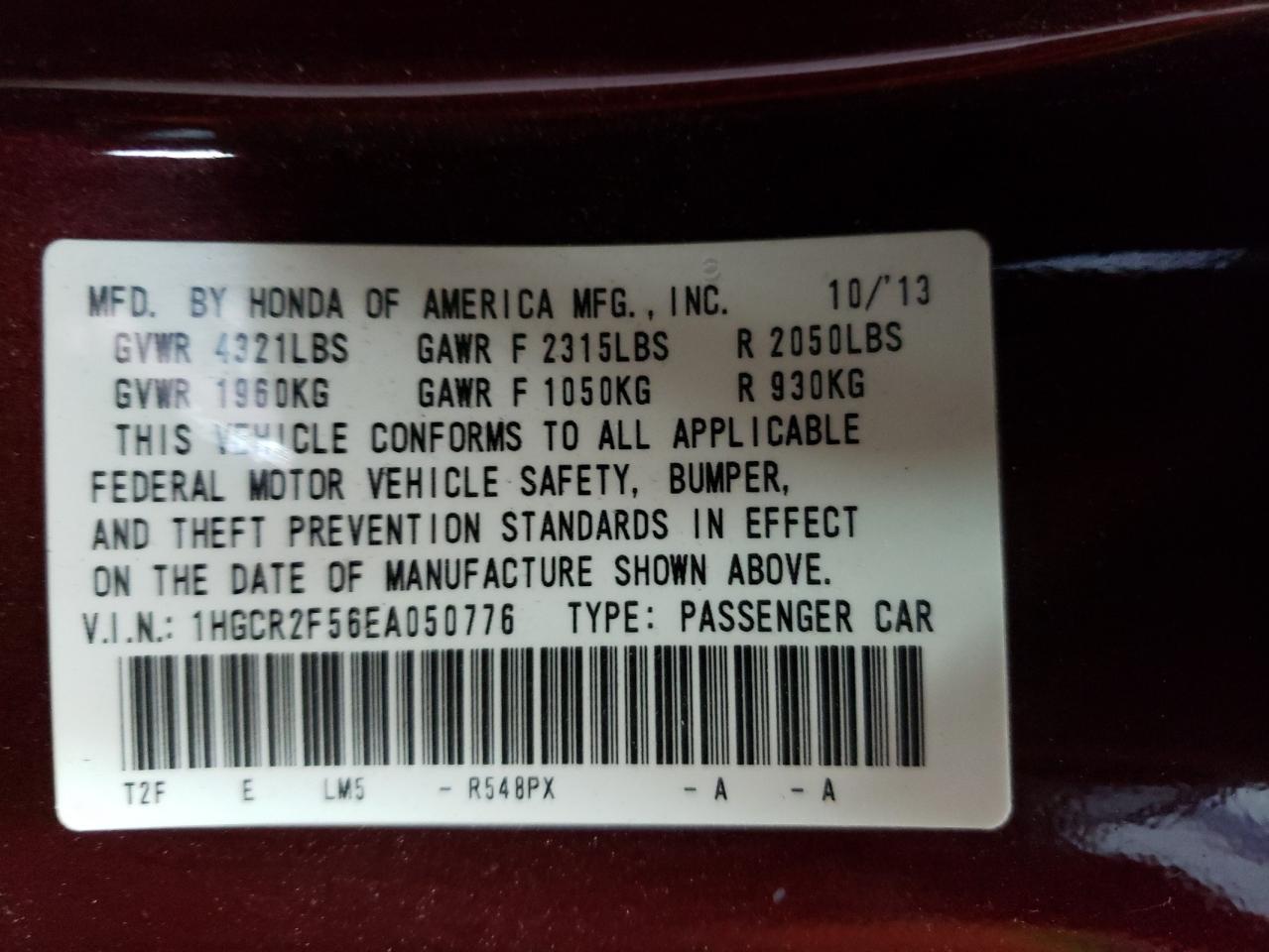 Photo 10 from auction – 2014 HONDA ACCORD SPO with VIN 1HGCR2F56EA050776