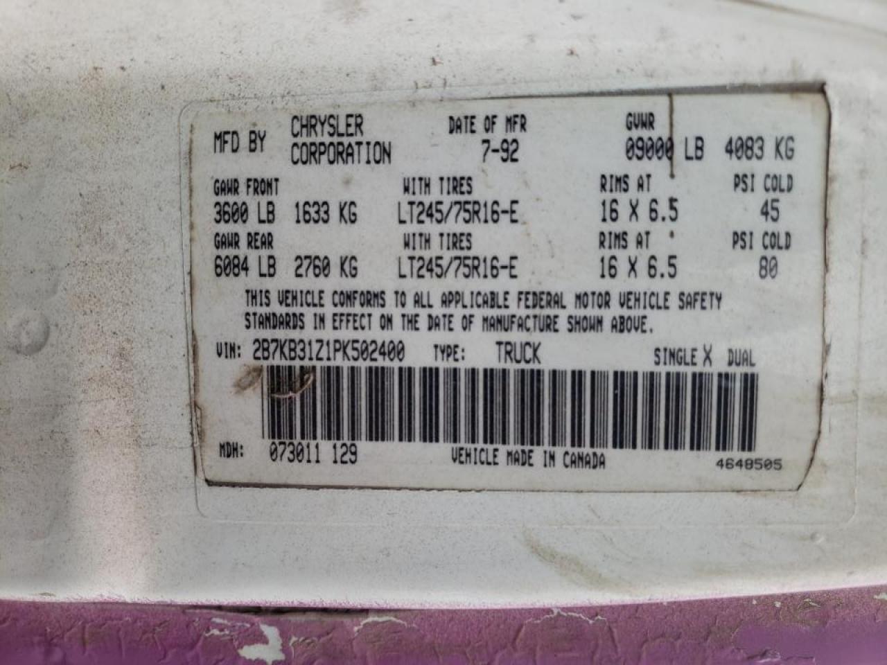 Photo 10 from auction – 1993 DODGE RAM VAN B3 with VIN 2B7KB31Z1PK502400