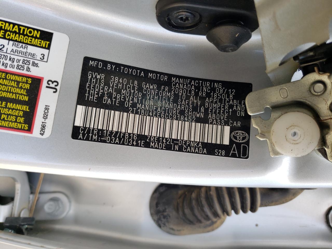 Photo 10 from auction – 2012 TOYOTA CARROLLA with VIN 2T1BU4EE6CC918452