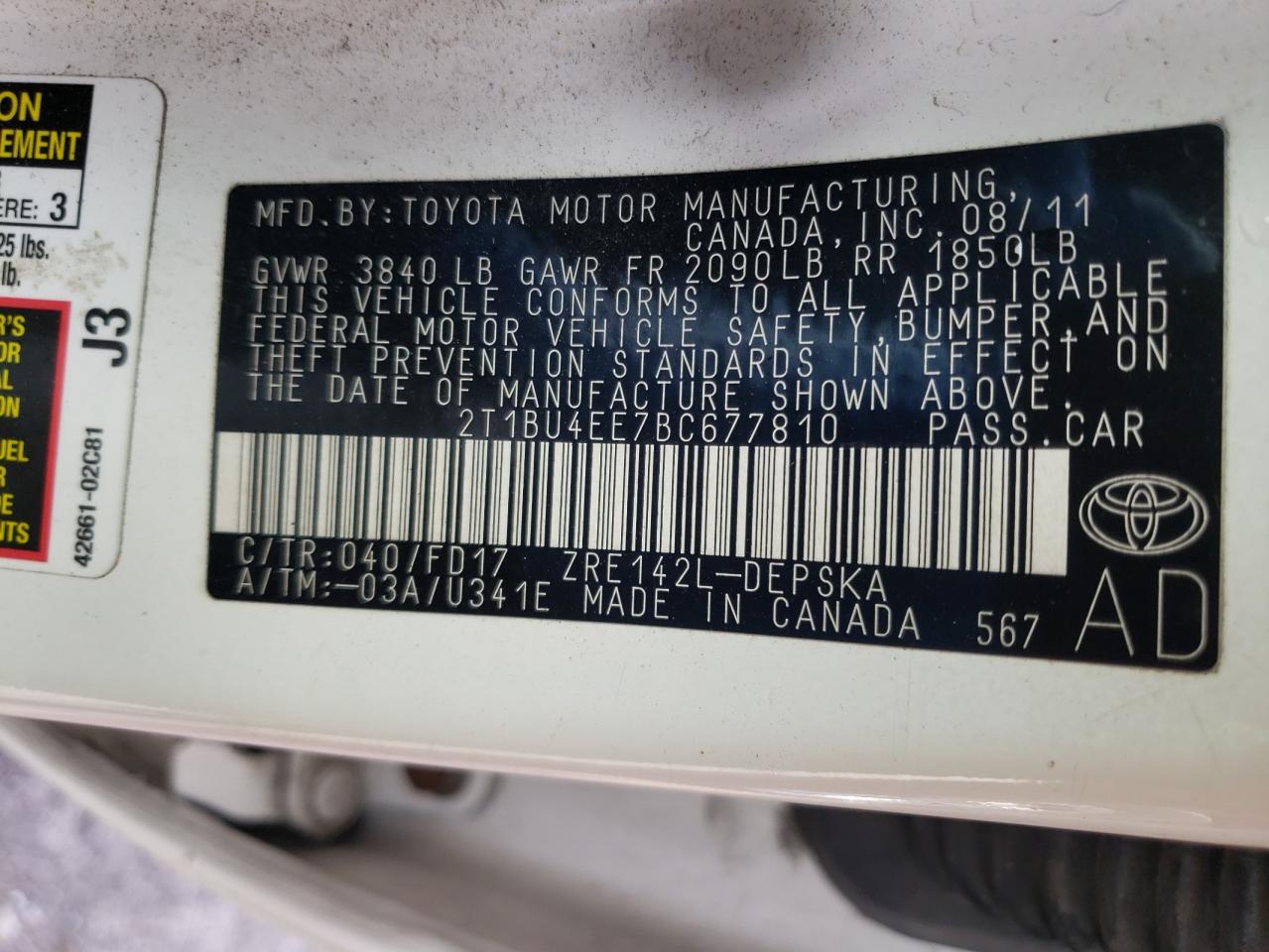 Photo 10 from auction – 2011 TOYOTA COROLLA BA with VIN 2T1BU4EE7BC677810