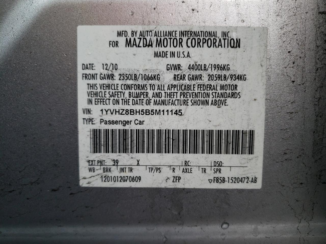 Photo 10 from auction – 2011 MAZDA 6 I with VIN 1YVHZ8BH5B5M11145