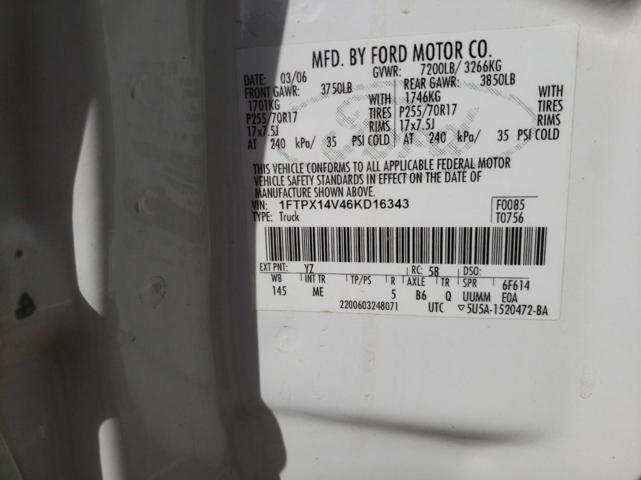 Photo 10 from auction – 2006 FORD F150 with VIN 1FTPX14V46KD16343