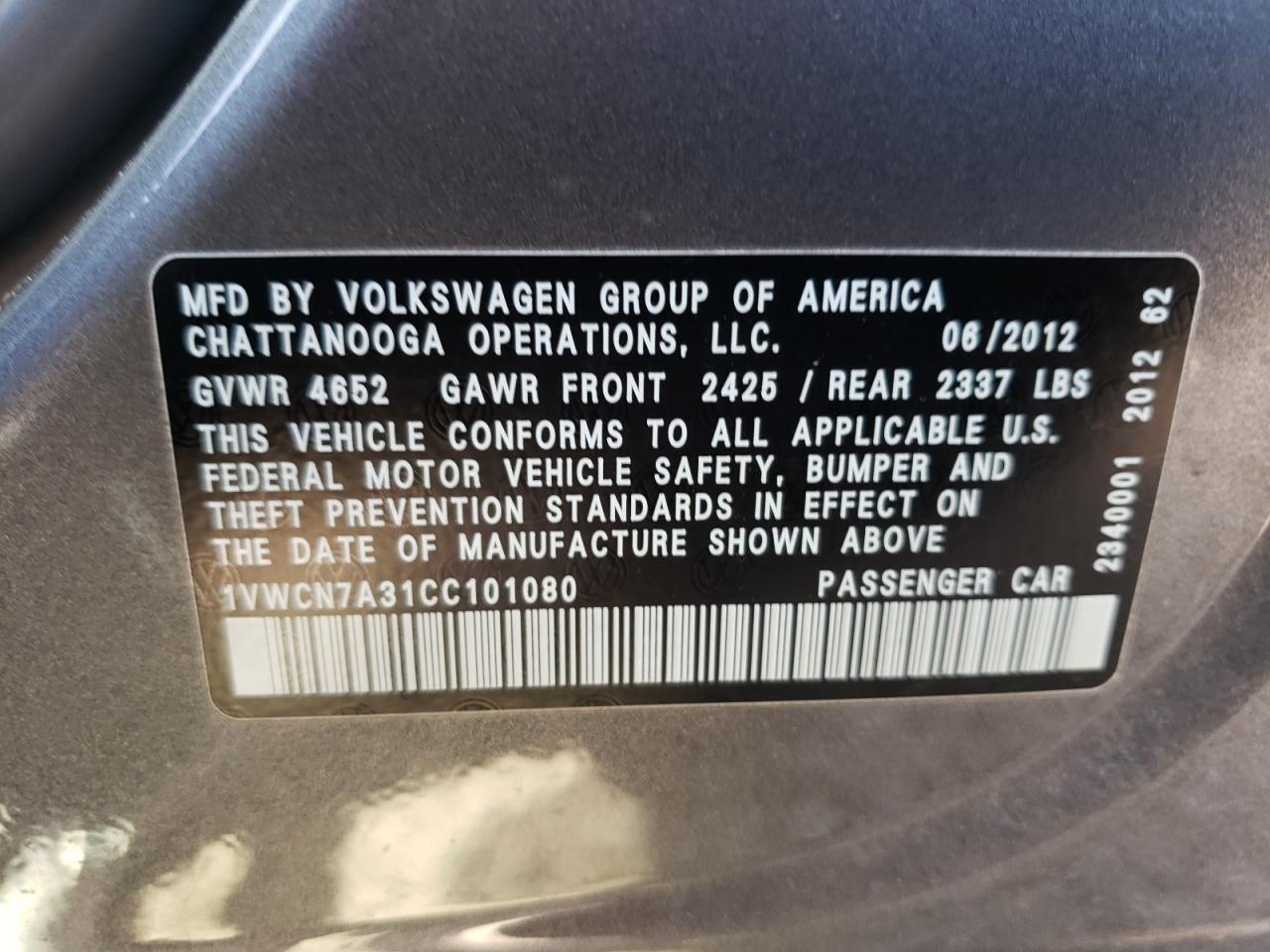 Photo 10 from auction – 2012 VOLKSWAGEN PASSAT SEL with VIN 1VWCN7A31CC101080