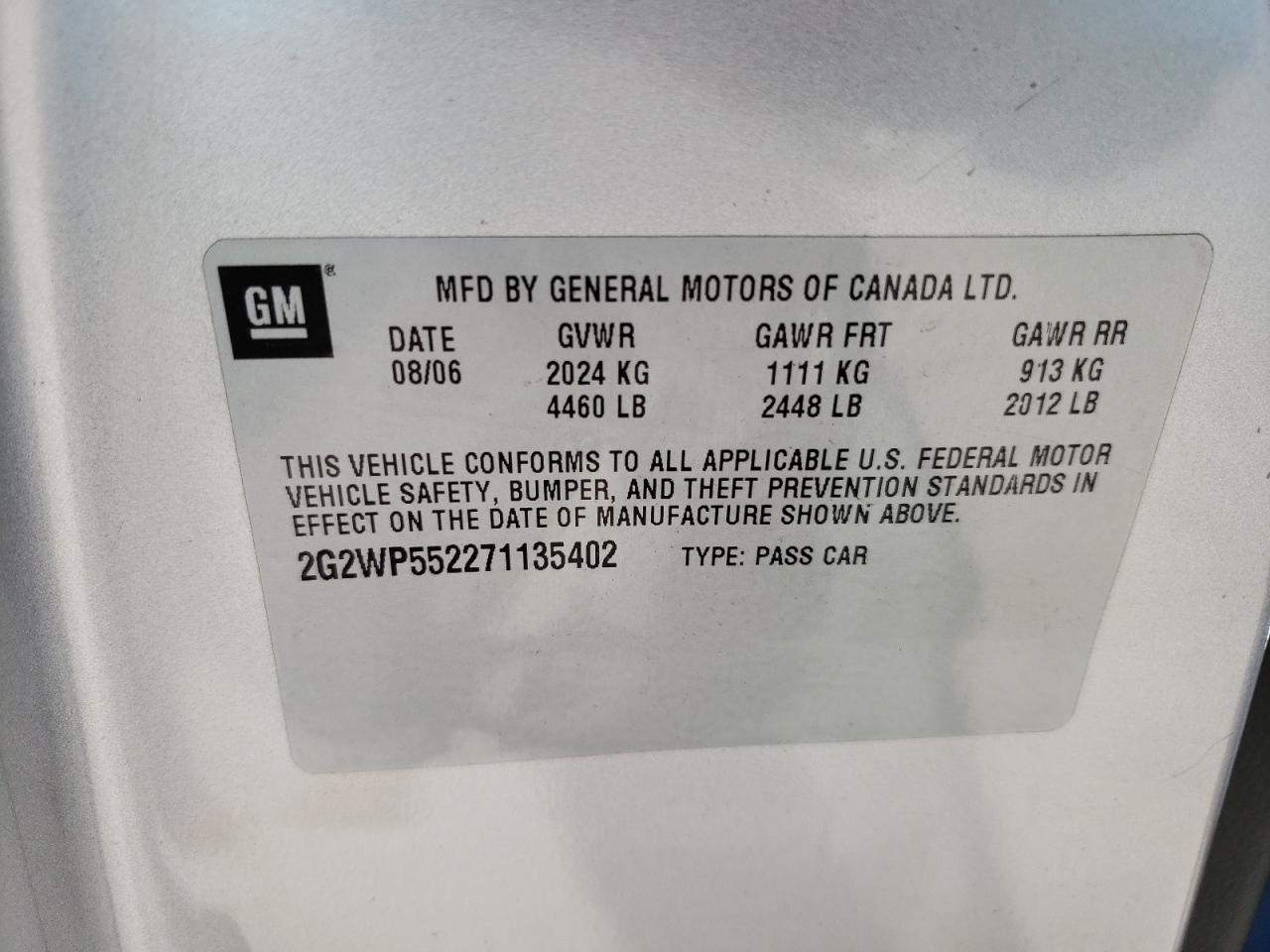 Photo 10 from auction – 2007 PONTIAC GRAND PRIX with VIN 2G2WP552271135402