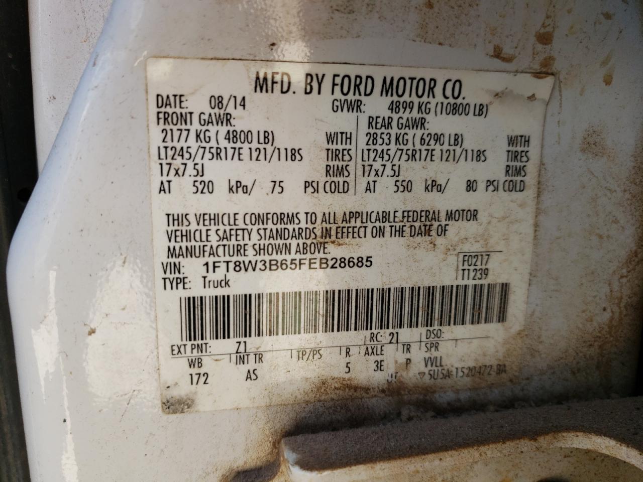 Photo 10 from auction – 2015 FORD F350 SUPER with VIN 1FT8W3B65FEB28685