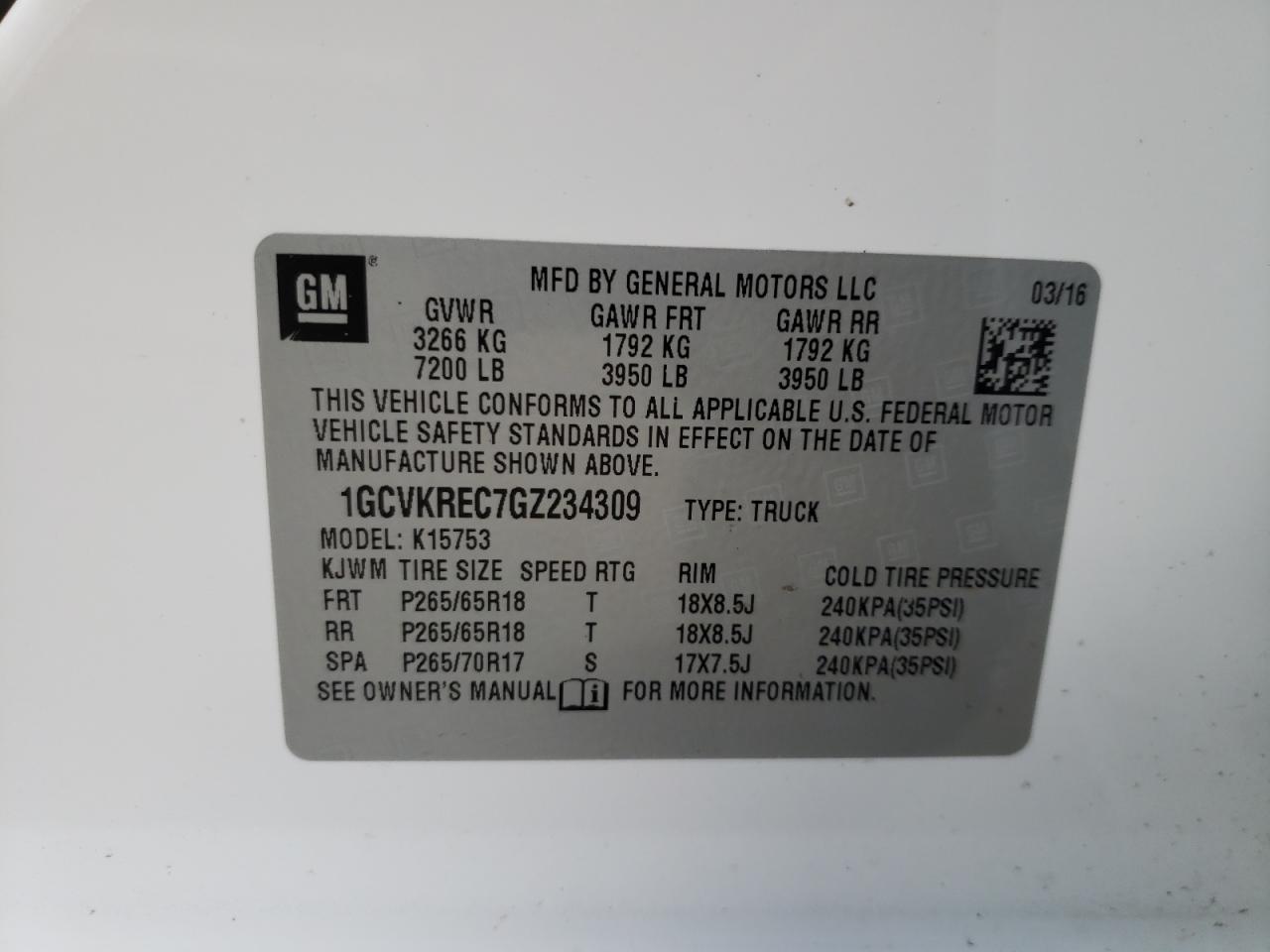 Photo 10 from auction – 2016 CHEVROLET SILVERADO with VIN 1GCVKREC7GZ234309