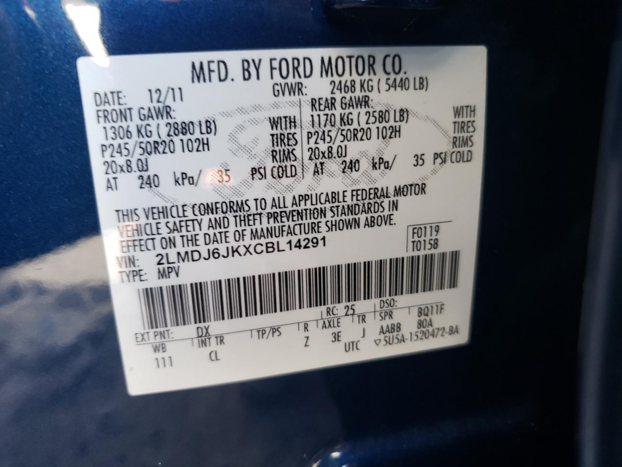 Photo 10 from auction – 2012 LINCOLN MKX with VIN 2LMDJ6JKXCBL14291