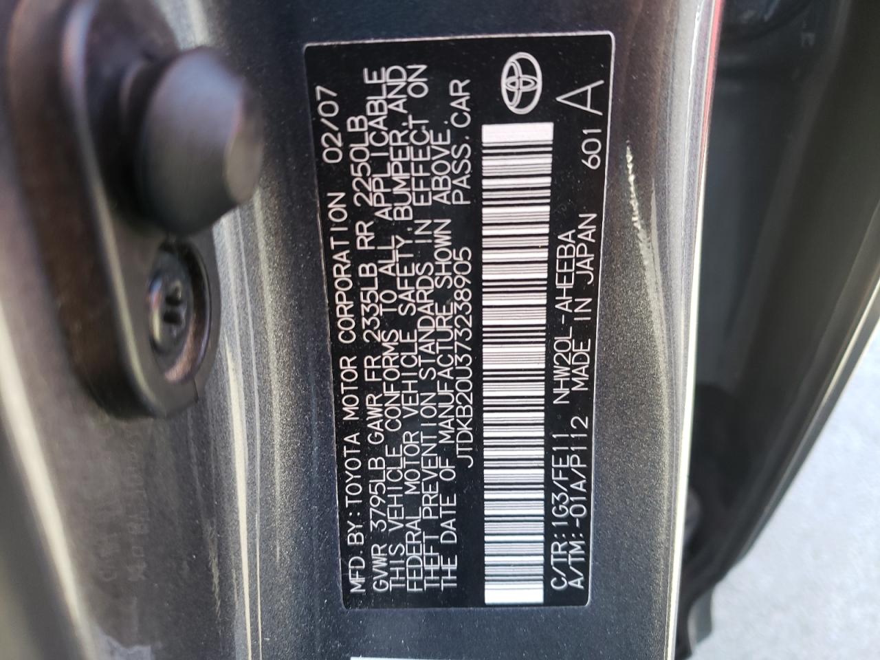 Photo 10 from auction – 2007 TOYOTA PRIUS with VIN JTDKB20U373238905