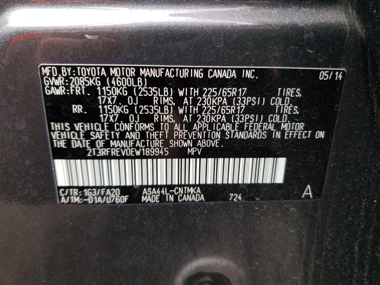 Photo 10 from auction – 2014 TOYOTA RAV4 XLE with VIN 2T3RFREV0EW189945