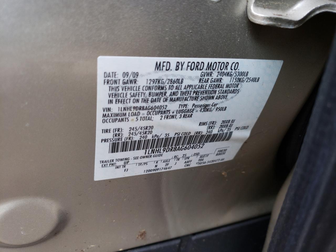 Photo 10 from auction – 2010 LINCOLN MKS with VIN 1LNHL9DR8AG604052