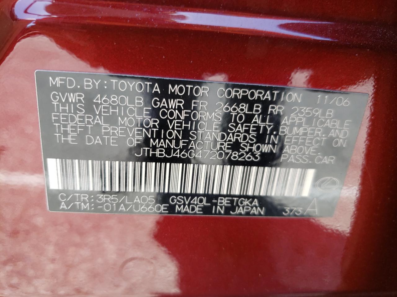Photo 10 from auction – 2007 LEXUS ES 350 with VIN JTHBJ46G472078263