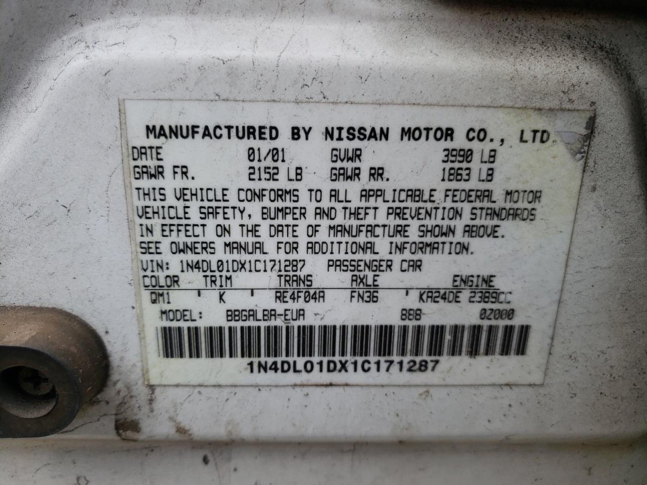 Photo 10 from auction – 2001 NISSAN ALTIMA XE with VIN 1N4DL01DX1C171287