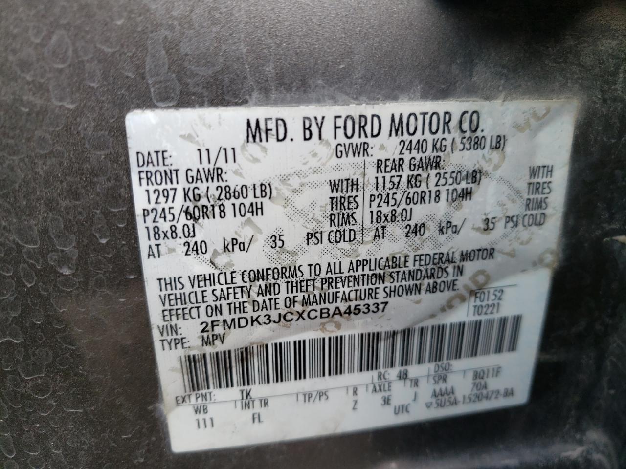 Photo 10 from auction – 2012 FORD EDGE SEL with VIN 2FMDK3JCXCBA45337
