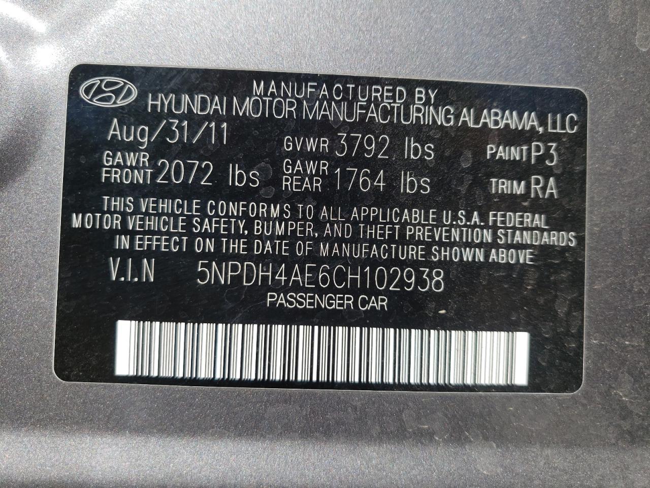 Photo 10 from auction – 2012 HYUNDAI ELANTRA GL with VIN 5NPDH4AE6CH102938