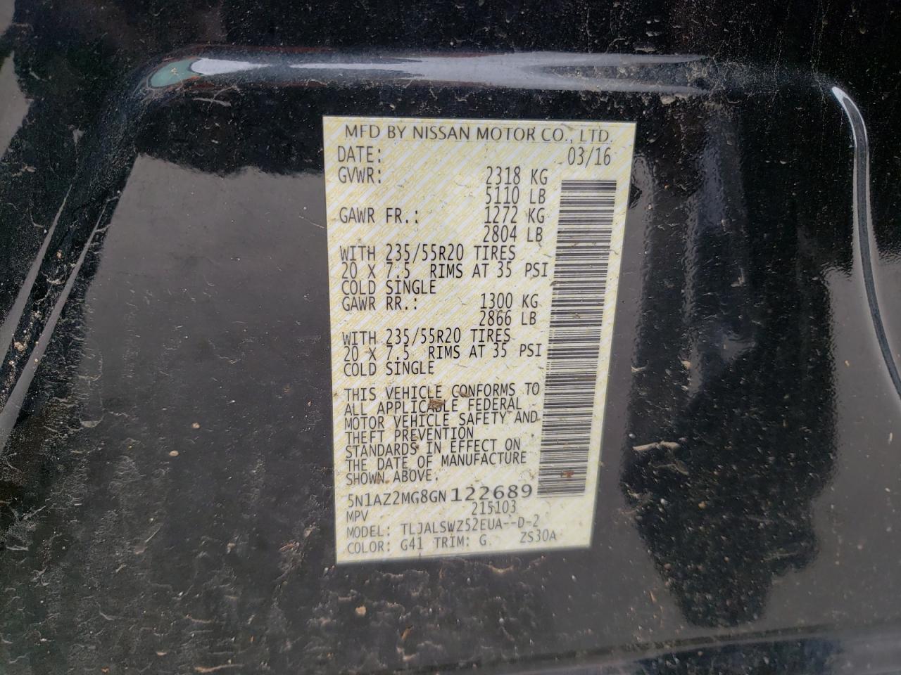 Photo 10 from auction – 2016 NISSAN MURANO S with VIN 5N1AZ2MG8GN122689