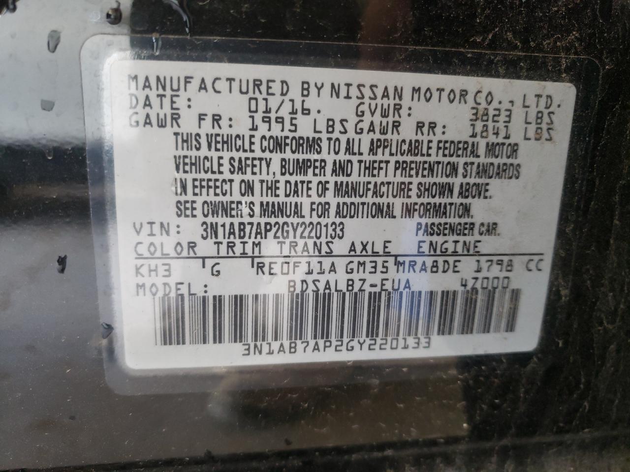 Photo 10 from auction – 2016 NISSAN SENTRA S with VIN 3N1AB7AP2GY220133