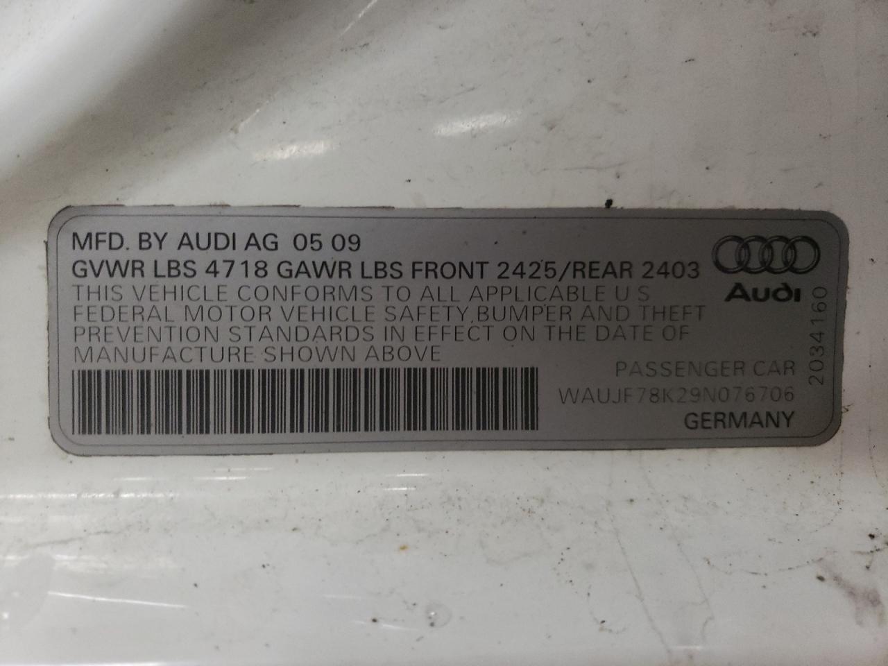Photo 10 from auction – 2009 AUDI A4 PREMIUM with VIN WAUJF78K29N076706