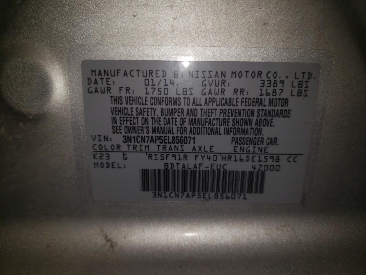 Photo 10 from auction – 2014 NISSAN VERSA S with VIN 3N1CN7AP5EL856071