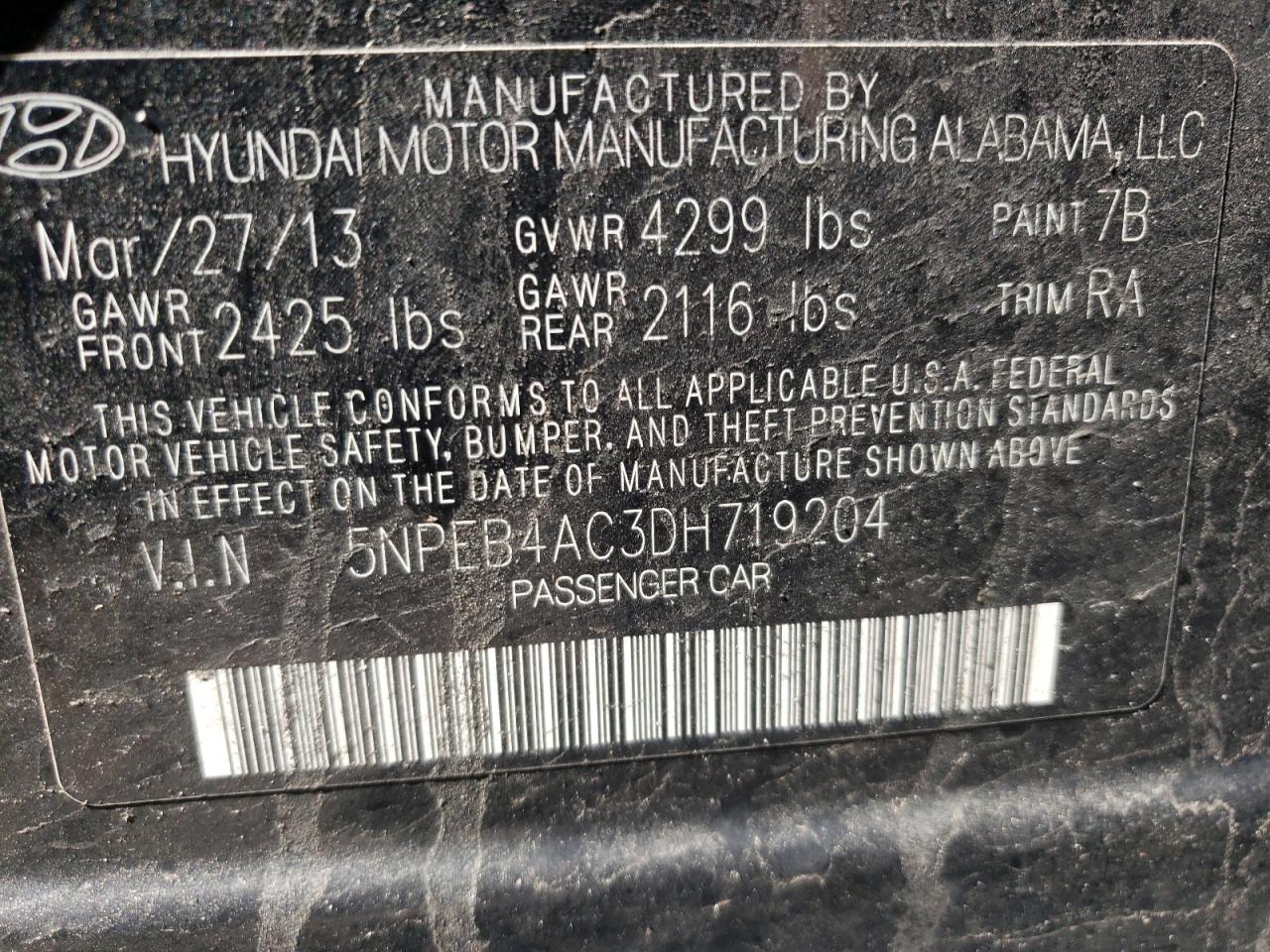 Photo 10 from auction – 2013 HYUNDAI SONATA GLS with VIN 5NPEB4AC3DH719204