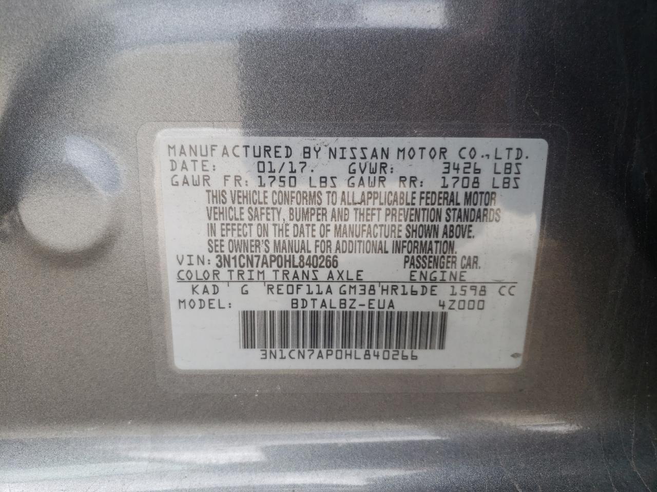 Photo 10 from auction – 2017 NISSAN VERSA S with VIN 3N1CN7AP0HL840266