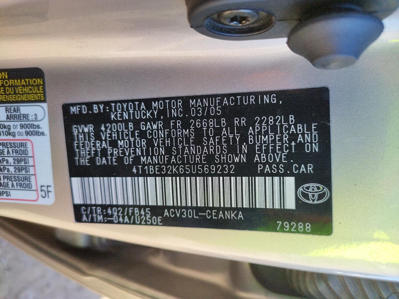 Photo 10 from auction – 2005 TOYOTA CAMRY LE with VIN 4T1BE32K65U569232
