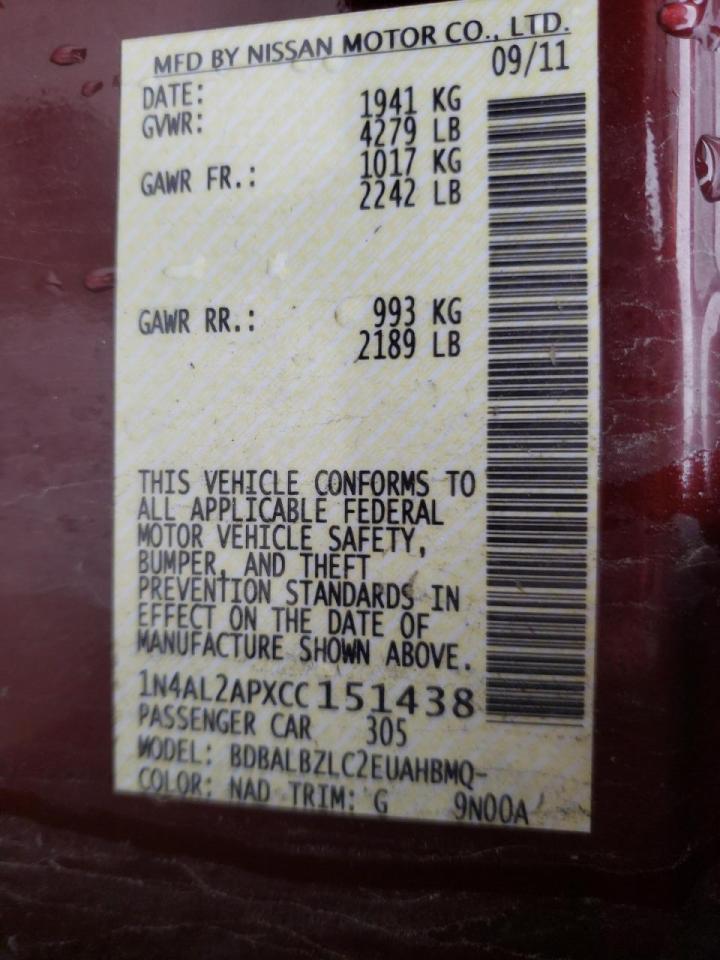 Photo 10 from auction – 2012 NISSAN ALTIMA BAS with VIN 1N4AL2APXCC151438