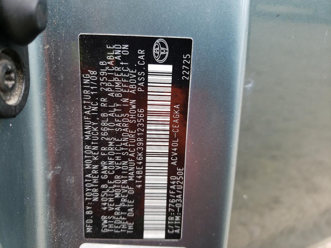 Photo 10 from auction – 2009 TOYOTA CAMRY BASE with VIN 4T4BE46K39R123566
