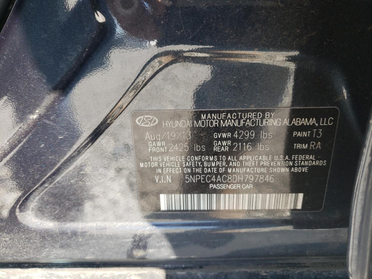 Photo 10 from auction – 2013 HYUNDAI SONATA SE with VIN 5NPEC4AC8DH797846