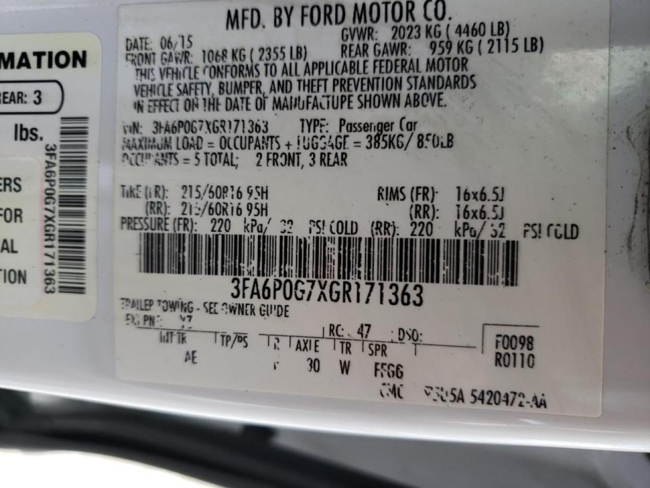 Photo 10 from auction – 2016 FORD FUSION S with VIN 3FA6P0G7XGR171363