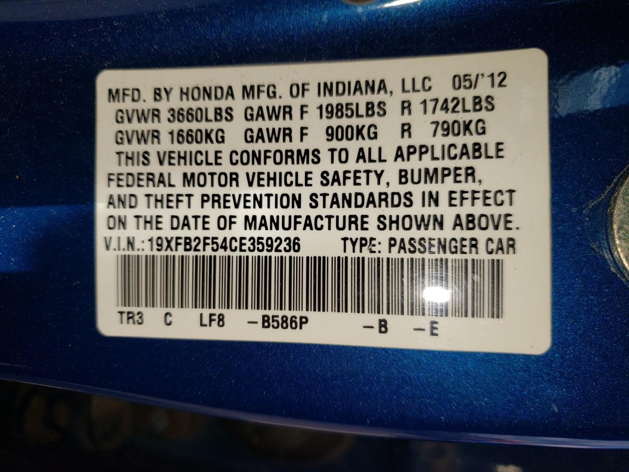 Photo 10 from auction – 2012 HONDA CIVIC LX with VIN 19XFB2F54CE359236