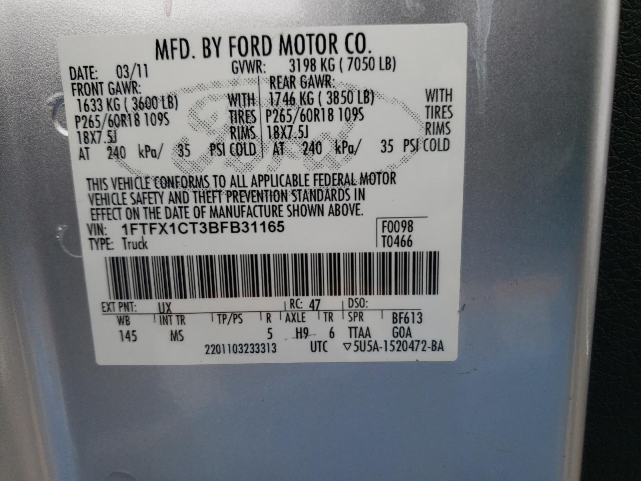 Photo 10 from auction – 2011 FORD F150 SUPER with VIN 1FTFX1CT3BFB31165