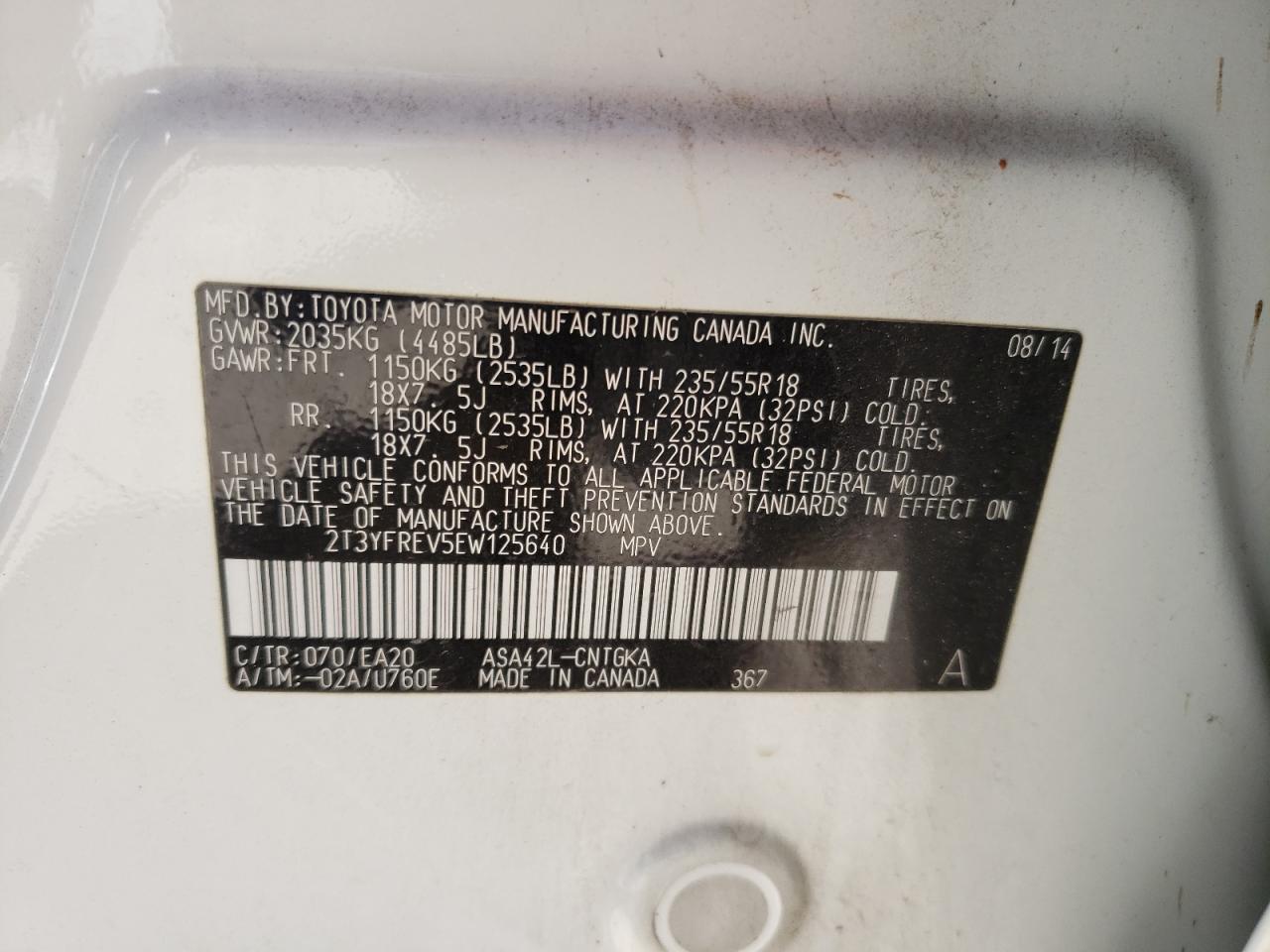 Photo 10 from auction – 2014 TOYOTA RAV4 LIMIT with VIN 2T3YFREV5EW125640